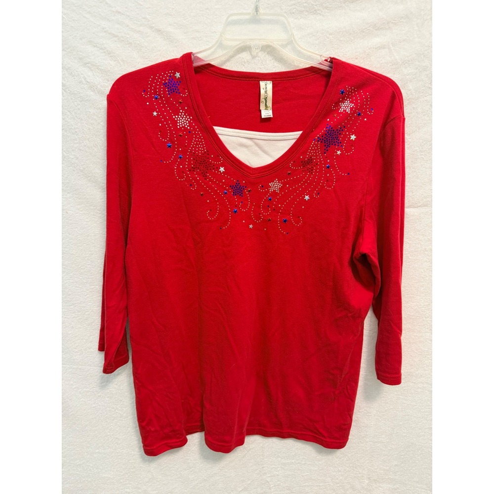 Decorated Originals Red Patriotic Star Rhinestone V-Neck Top XL 3/4 Sleeve